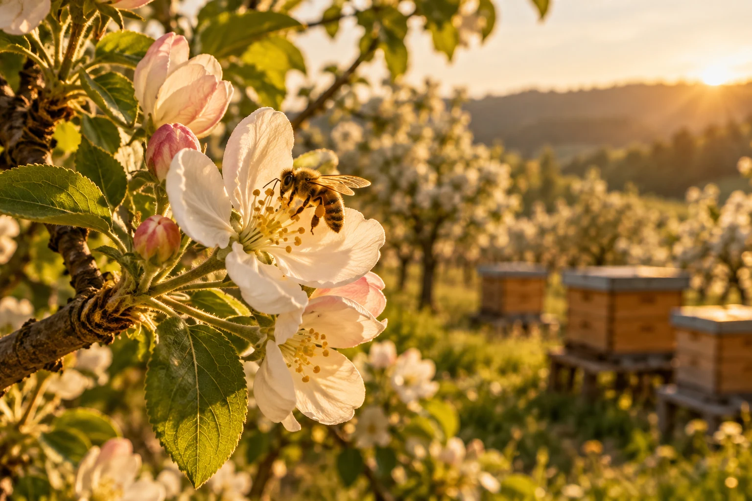 Bee visiting orchard blossoms