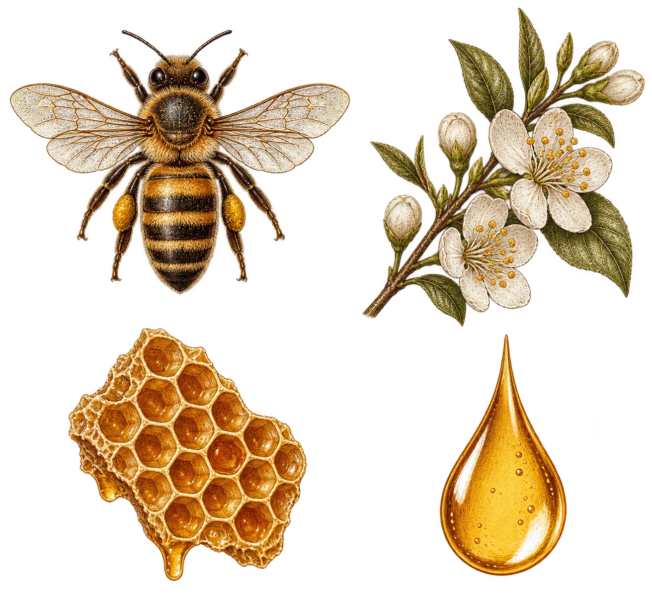Botanical illustrations: bee, flowers, honeycomb and honey drop
