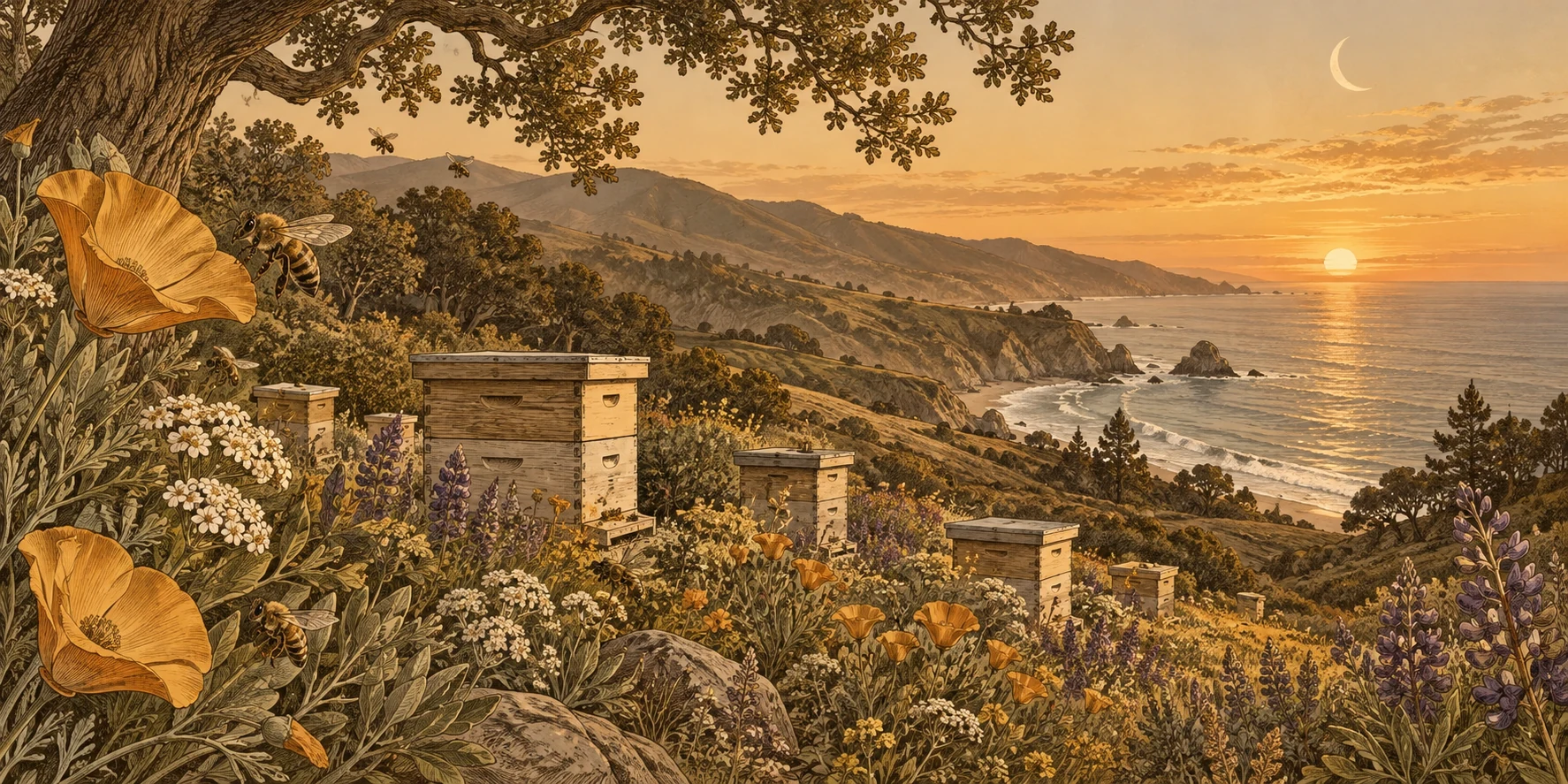 Illustrated coastal California apiary at sunset