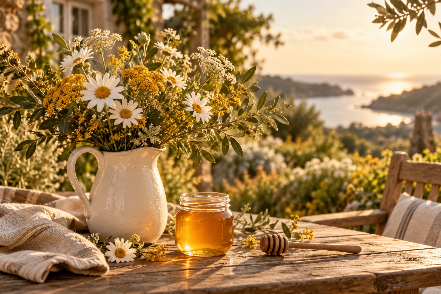 Flowers and honey on a coastal garden table