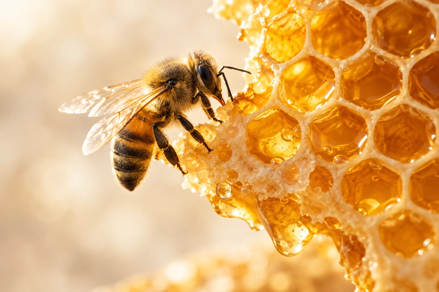 Honey bee beside luminous honeycomb