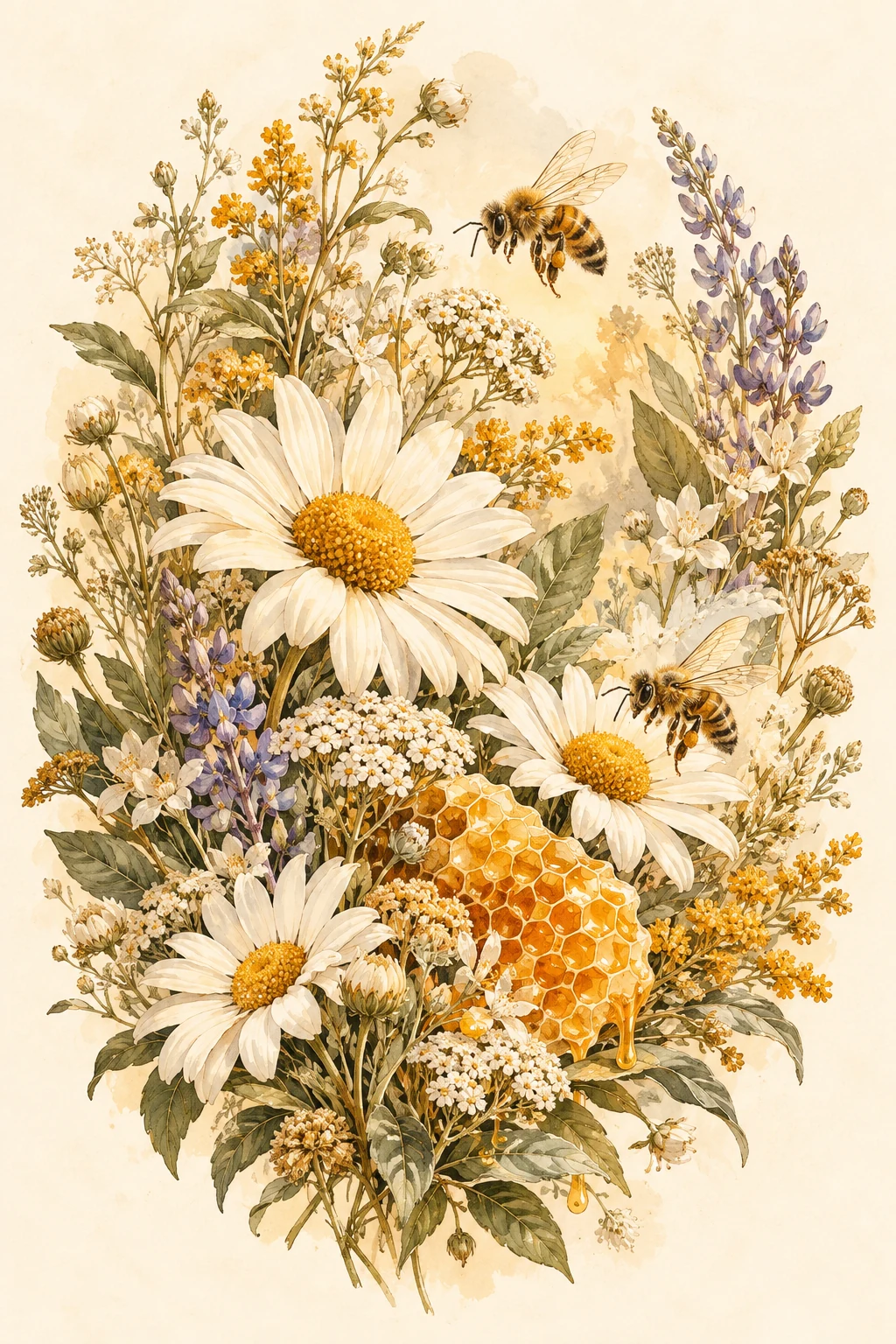 Botanical illustration of bees, daisies and honeycomb