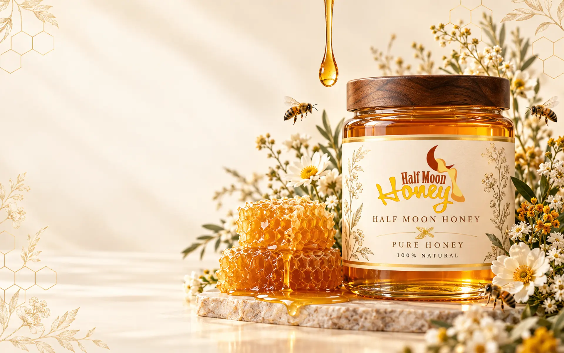 Half Moon Honey jar surrounded by honeycomb and wildflowers