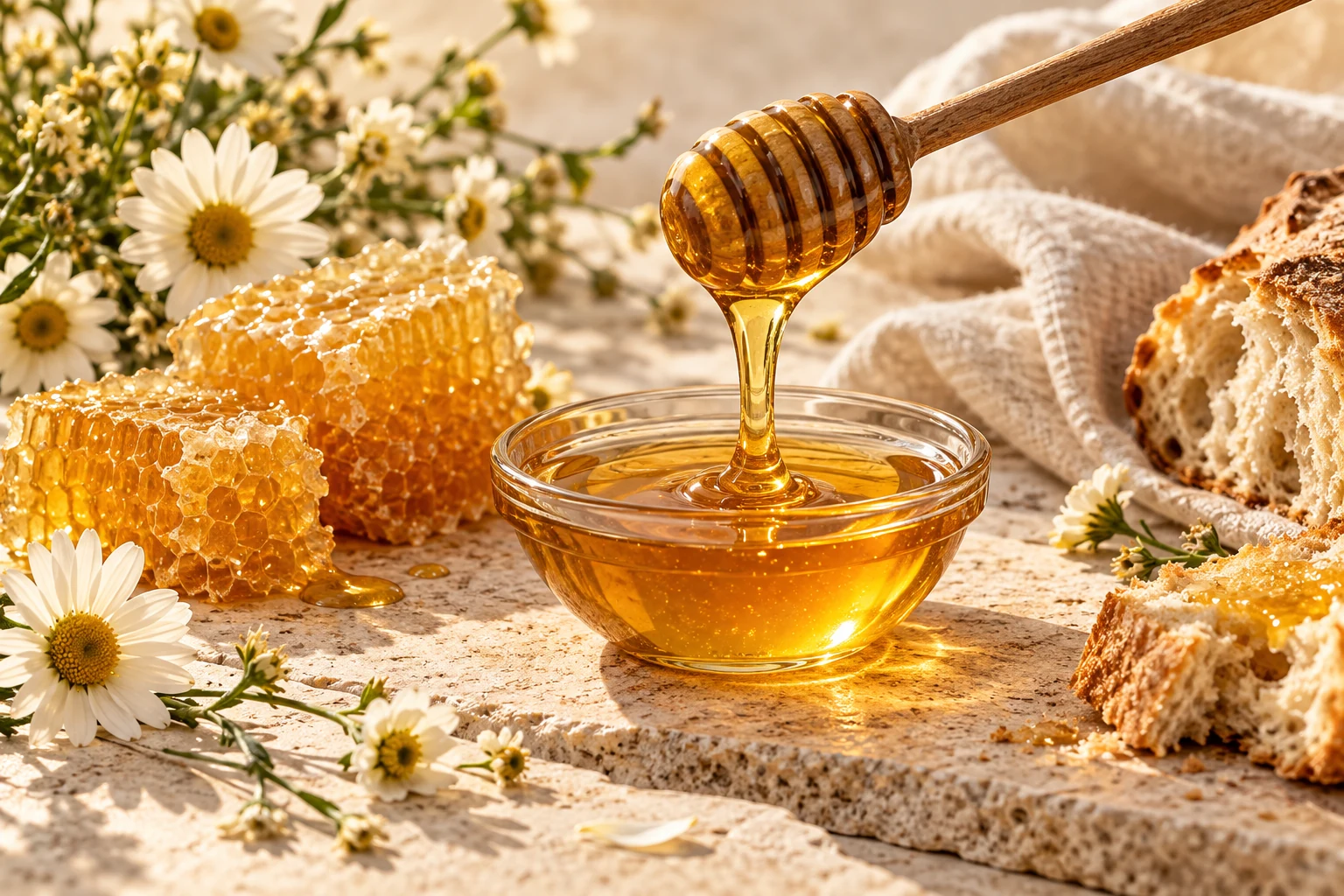 Honey dipper, honeycomb and daisies