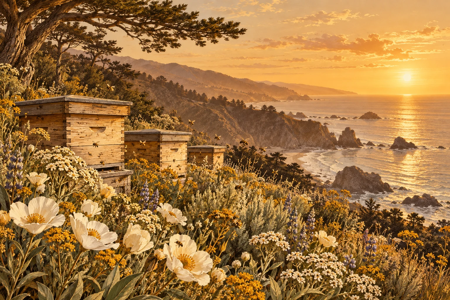 Illustrated coastal California beehives