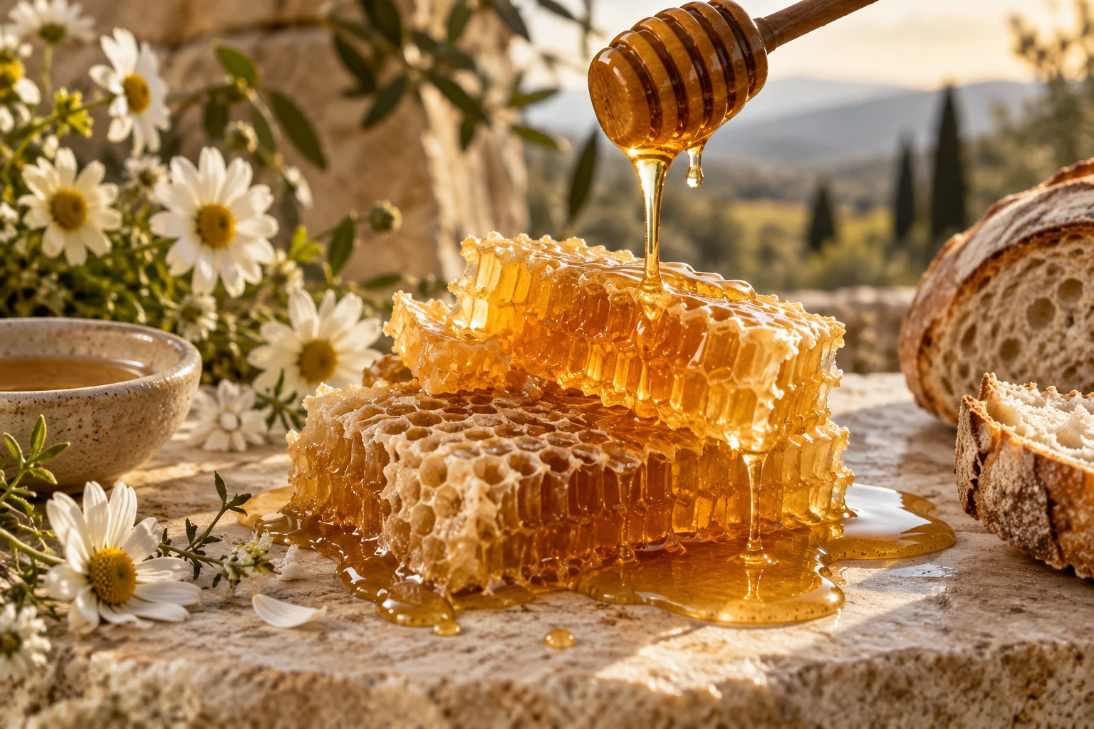 Honeycomb, dipper, daisies and bread on pale stone